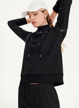 Black DKNY Long Sleeve Zipper Shoulder With Detachable Women's Hoodies | USA-D1145