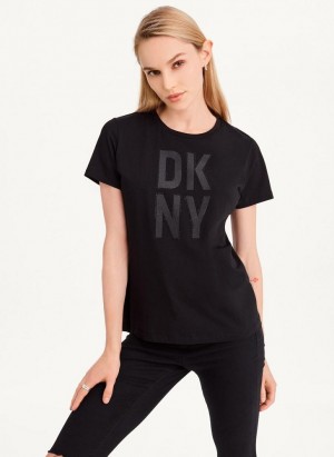 Black DKNY Rhinestone Glitter Logo Women's T Shirts | USA-D0168