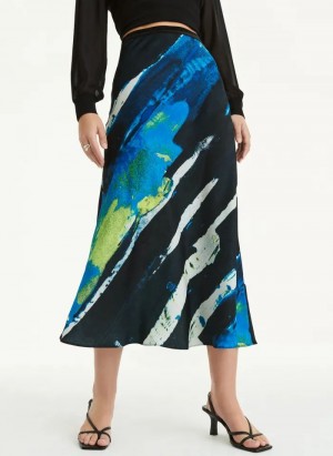 Blue DKNY Pull On Print Satin Midi Women's Skirts | USA-D1234